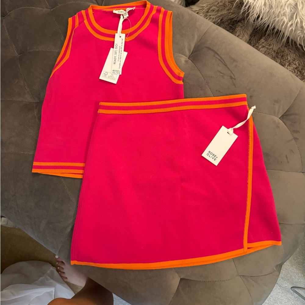 Pink and Orange Tank Top and Skirt Set